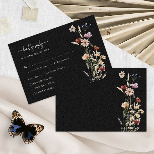 Carte RSVP Boho Floral Black Elegant