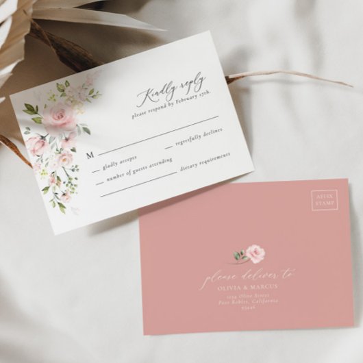 Carte RSVP Boho Rose Floral Olive Elégant Mariage