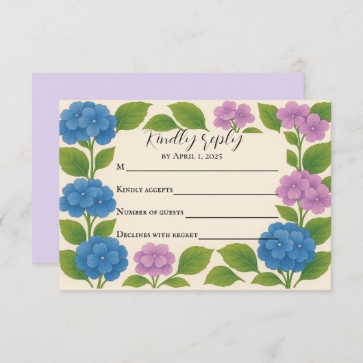 Carte RSVP Budget Purple/Blue Hydrangea (Devant / Derrière)