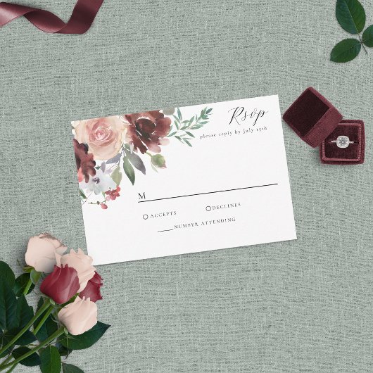Carte RSVP Burgundy classique Rose et Peony