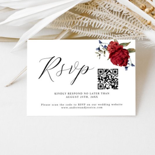 Carte RSVP Burgundy Floral Mariage QR Code