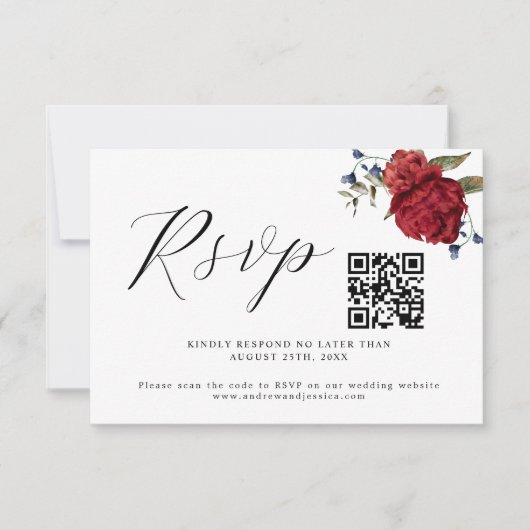 Carte RSVP Burgundy Floral Mariage QR Code (Devant)