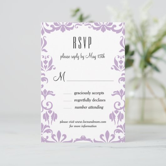 Carte RSVP Calligraphie élégante pourpre Damask (Debout devant)