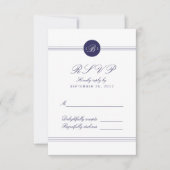 Carte RSVP Chic Navy Blue White Monogram Réponse (Devant)