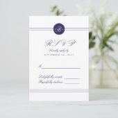 Carte RSVP Chic Navy Blue White Monogram Réponse (Debout devant)