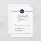 Carte RSVP Chic Navy Blue White Monogram Réponse (Devant / Derrière)