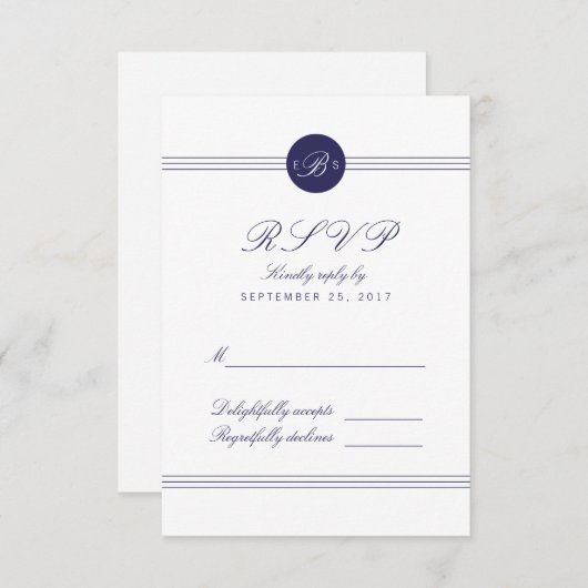 Carte RSVP Chic Navy Blue White Monogram Réponse (Devant / Derrière)