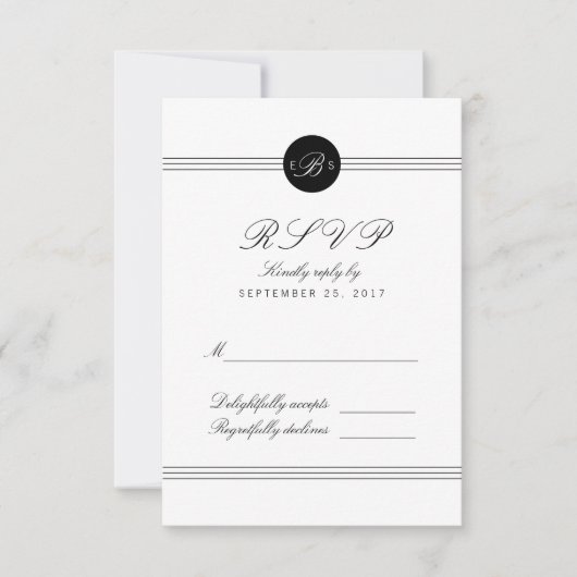 Carte RSVP Chic noir blanc Monogramme Réponse (Devant)