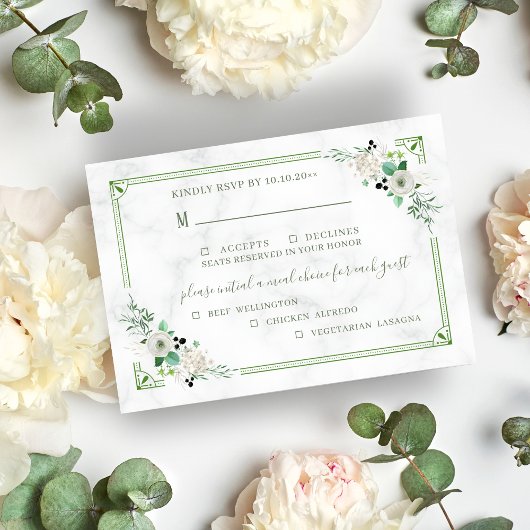 Carte Rsvp Choix Trois Repas Marbre & Fleur Verte