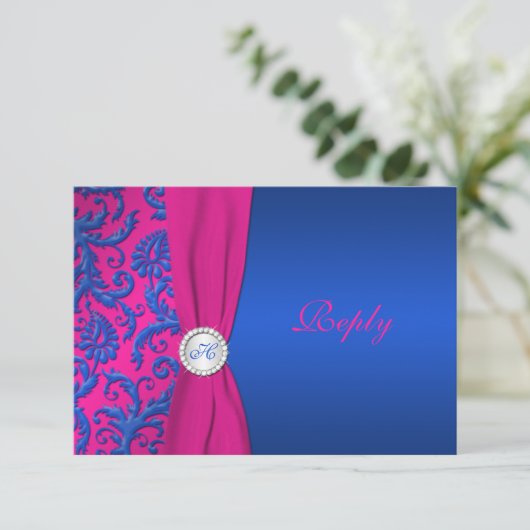 Carte RSVP Cobalt et Fuchsia Damask (Debout devant)