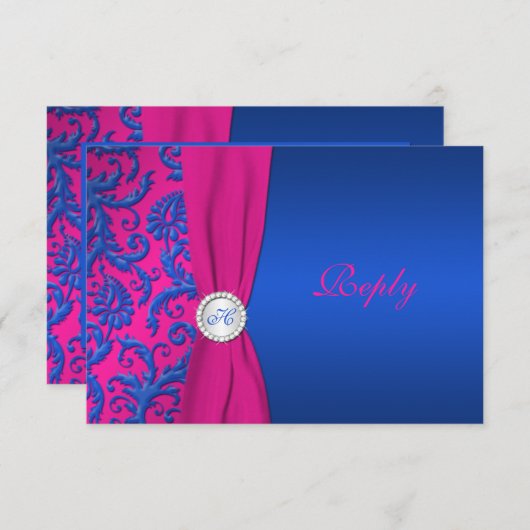 Carte RSVP Cobalt et Fuchsia Damask (Devant / Derrière)
