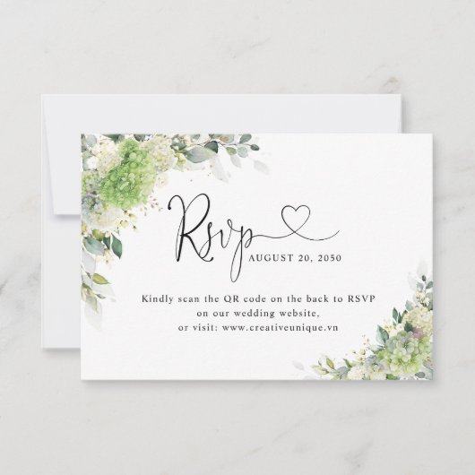 Carte RSVP Code QR du site Web de mariage Green Hy (Devant)