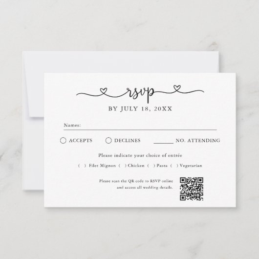Carte RSVP Code QR Photo Cœur Script Blanc Cassé (Devant)