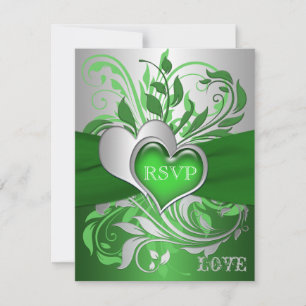 Carte RSVP Coeur, Vert, Scrolls Argent, Cartes RSV
