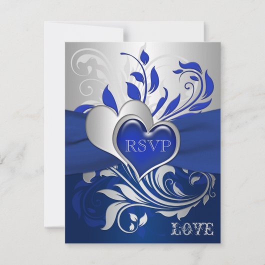 Carte RSVP Coeurs Bleu, Scrolls Argent (Devant)