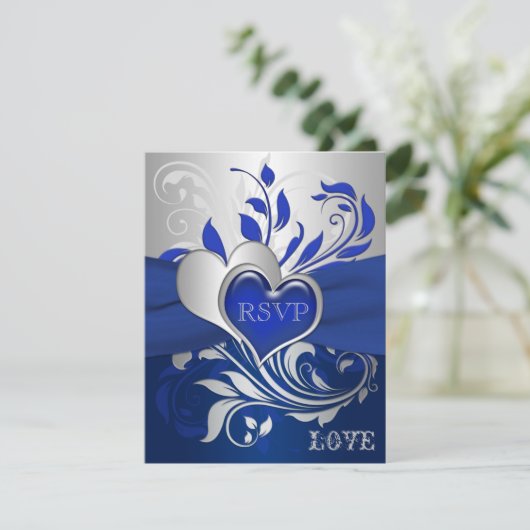 Carte RSVP Coeurs Bleu, Scrolls Argent (Debout devant)