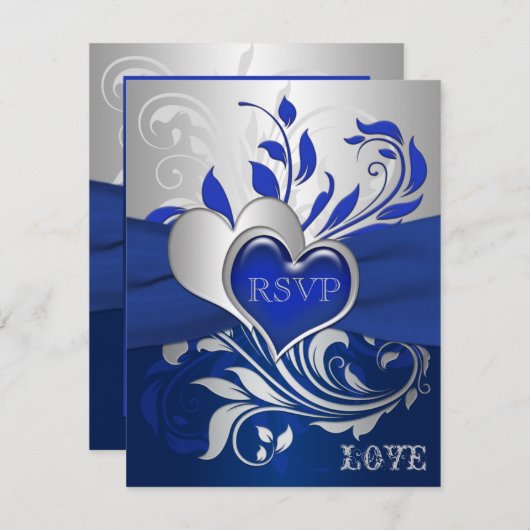 Carte RSVP Coeurs Bleu, Scrolls Argent (Devant / Derrière)