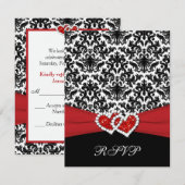 Carte RSVP Cœurs Unis Damassé Noir Blanc Rouge (Devant / Derrière)