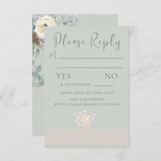 Carte RSVP couleur blanc vert Sage romantique (Devant / Derrière)