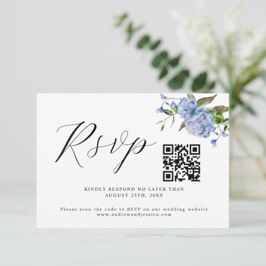 Carte RSVP couleur bleu Mariage QR Code (Debout devant)
