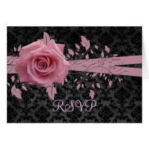Carte RSVP couleur rose noire Damask