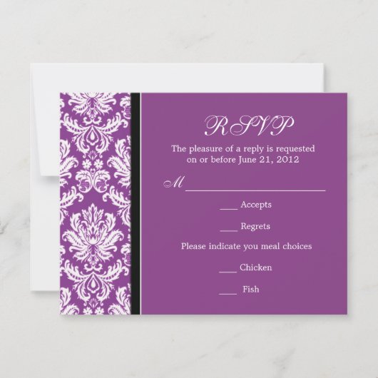 Carte RSVP couleur violet Damask classique (Devant)