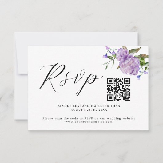 Carte RSVP couleur violet Mariage QR Code (Devant)