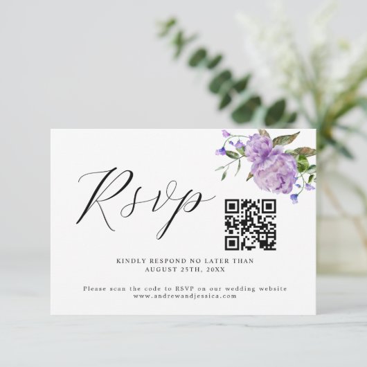 Carte RSVP couleur violet Mariage QR Code (Debout devant)