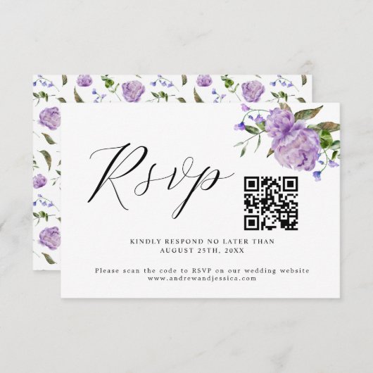 Carte RSVP couleur violet Mariage QR Code (Devant / Derrière)