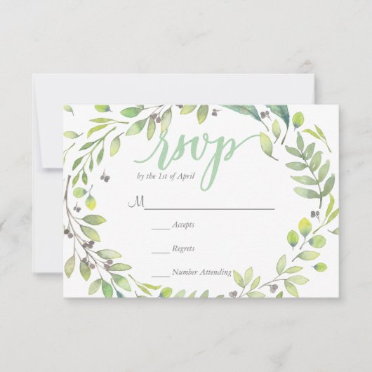 CARTE RSVP Couronne aquarelle verte RUSTIQUE feuil (Devant)