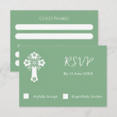 Carte RSVP Croix Florale Christening Sage Green (Devant / Derrière)