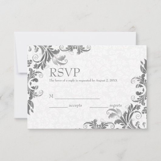 Carte RSVP Damas & Dentelles grises blanches (Devant)