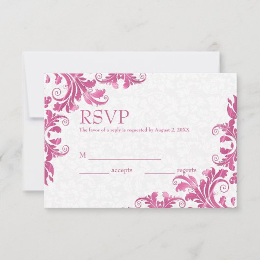 Carte RSVP Damas et dentelle rose blanche (Devant)