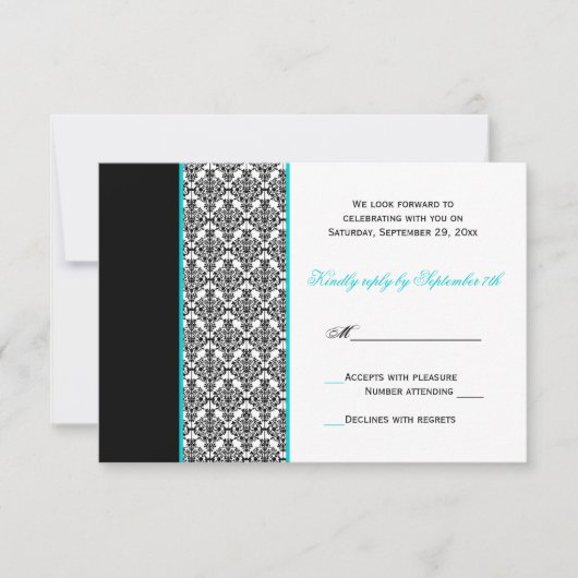 Carte RSVP damassée turquoise noir et blanc (Devant)