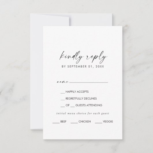 Carte RSVP de choix de menu de script moderne (Devant)