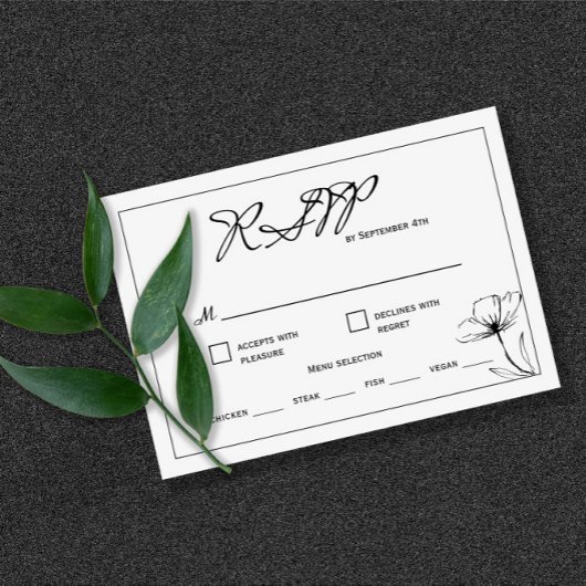 Carte RSVP de choix de repas Mariage noir et blanc