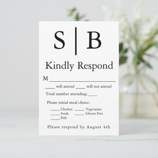 Carte RSVP de choix de repas noir Monogramme class (Debout devant)