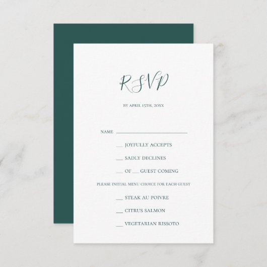 Carte RSVP de choix du menu Vert foncé (Devant / Derrière)