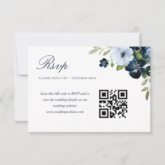 carte rsvp de code de mariage à fleurs bleu marine (Devant)