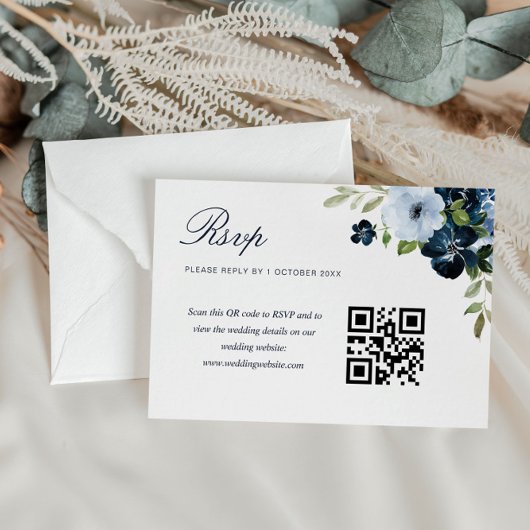 carte rsvp de code de mariage à fleurs bleu marine
