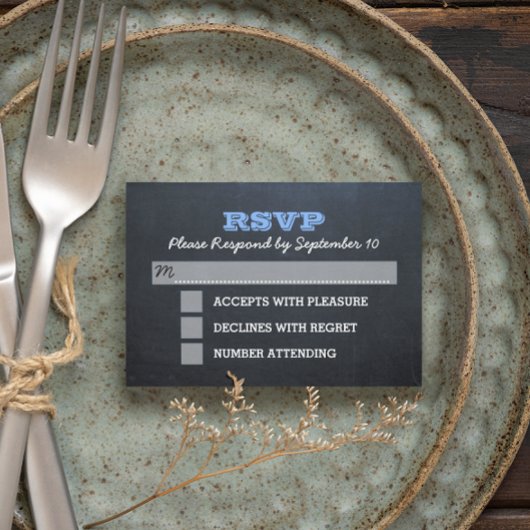 Carte RSVP de confirmation bleue du tableau noir