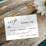 Carte RSVP de mariage à choix simple moderne<br><div class="desc">La distinction de cette suite est due à la police de script manuscrite moderne utilisée pour les phrases d'accent. Dans cette pièce, la police élégante a été utilisée pour créer des graphiques qui lisent "rsvp", "m", et "choix de menu pour chaque invité :". Utilisez les champs modèles pour ajouter vos...</div>
