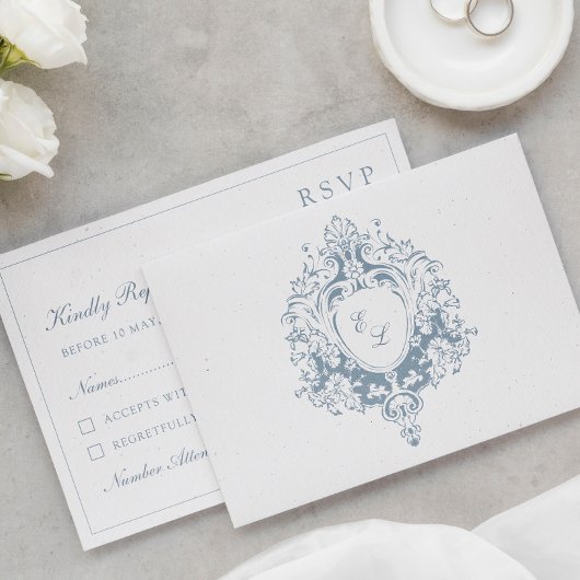 Carte RSVP de mariage à crête baroque élégante