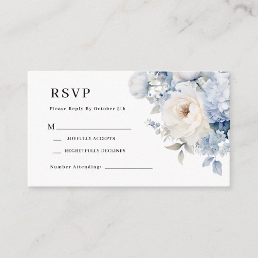 Carte RSVP de mariage aux fleurs bleues et blanche (Devant)