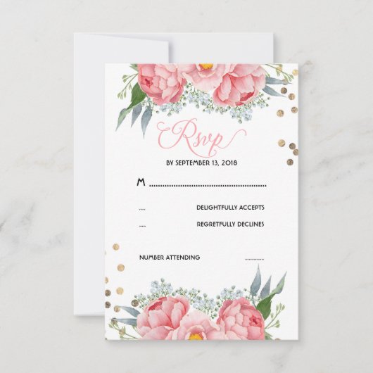 Carte RSVP de mariage aux points floraux et or (Devant)