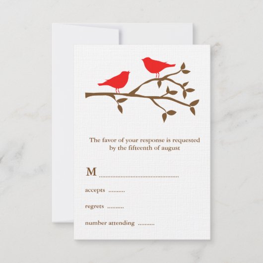 Carte RSVP de mariage avec deux oiseaux rouges (Devant)