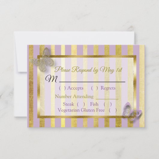 Carte RSVP de mariage avec papillon violet et or (Devant)