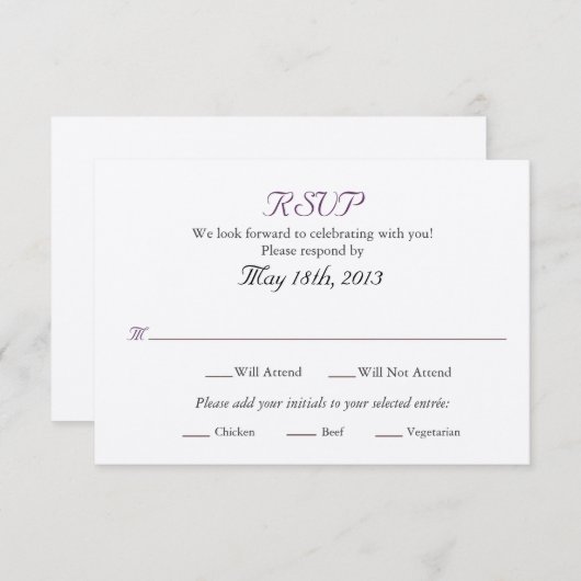 Carte RSVP de mariage avec sélections Entree (Devant / Derrière)