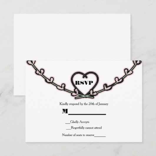Carte RSVP de mariage avec vignes et cœurs rose ru (Devant / Derrière)