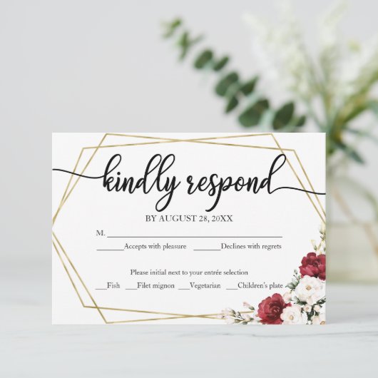Carte RSVP de mariage Blanc Bourgogne Floral (Debout devant)